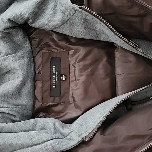 Kenneth Cole New York Men's Brown Puffer Winter Coat Grey Hood  Pockets Size Med - Picture 7 of 14